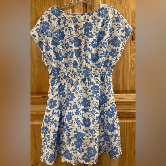 Sweet Lemon Blue and White Floral Deep V-Neck Lace Tiered Gathered Waist Dress - Picture 5 of 14